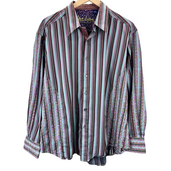 Robert Graham Striped L/S Shirt Men’s Size XL Embroidered Flowers Flip Cuff - Picture 2 of 7
